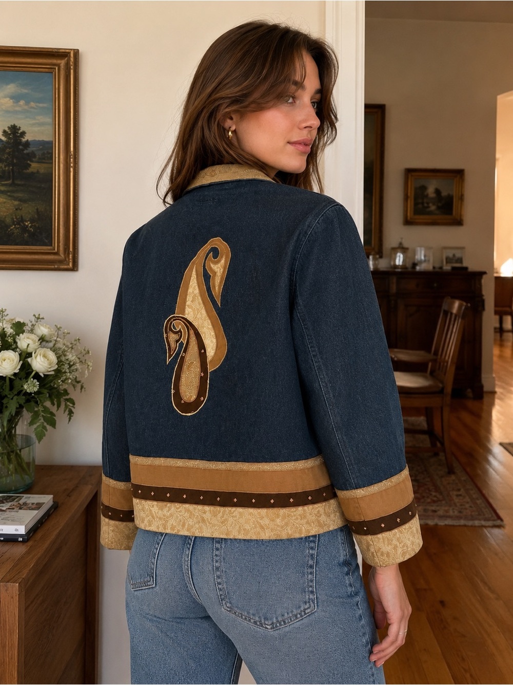 Allure Dark Blue Denim Jacket with Tan & Brown Paisley Embroidered Back